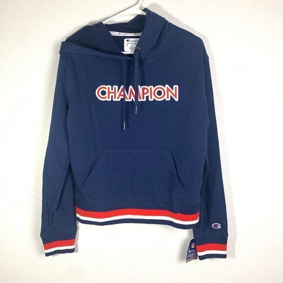NWT Champion Womens’ Size Med Navy Blue Spell-out Pullover Hooded Sweatshirt - Picture 1 of 10
